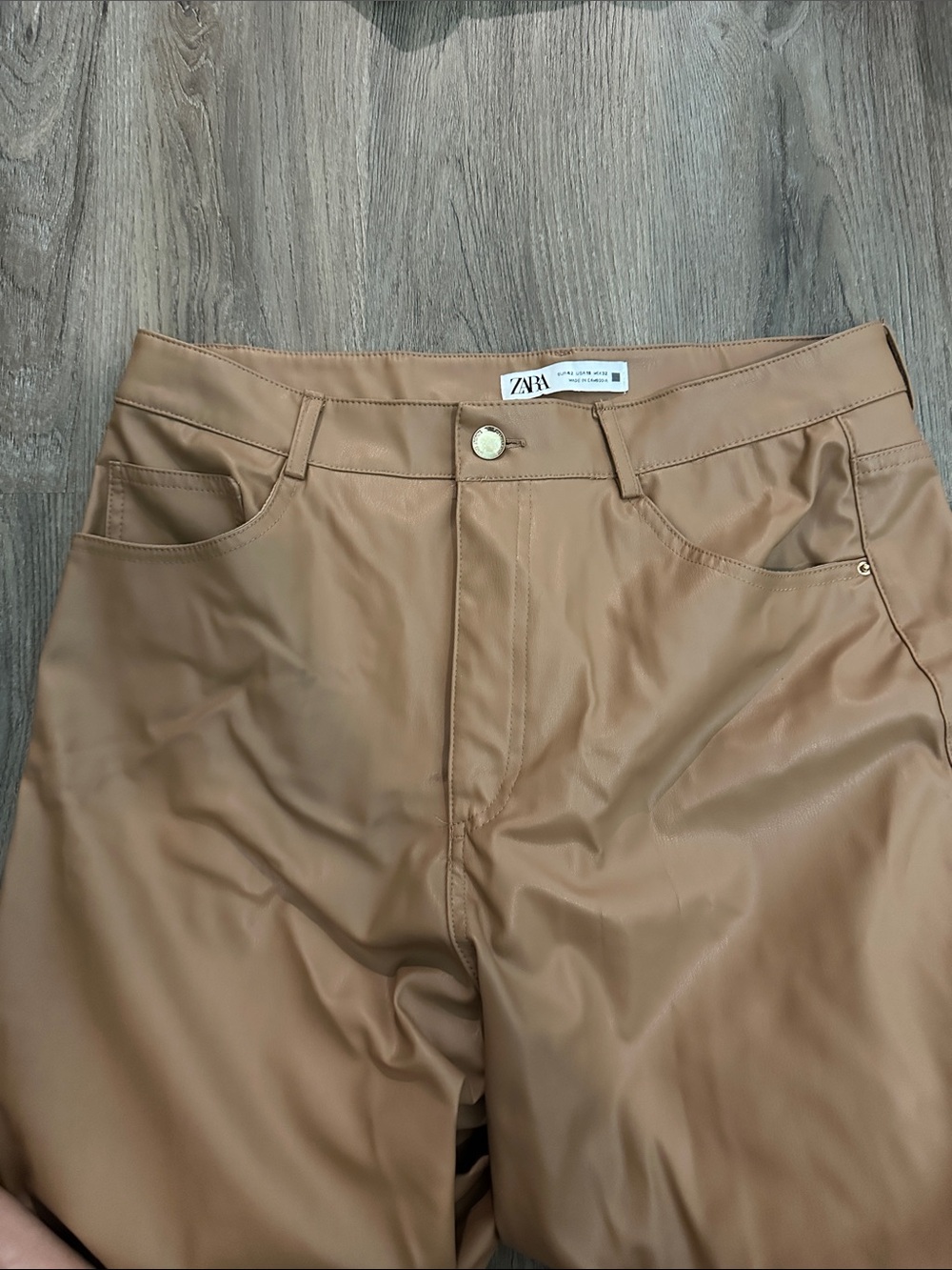 Zara tan leather pants! Gold button